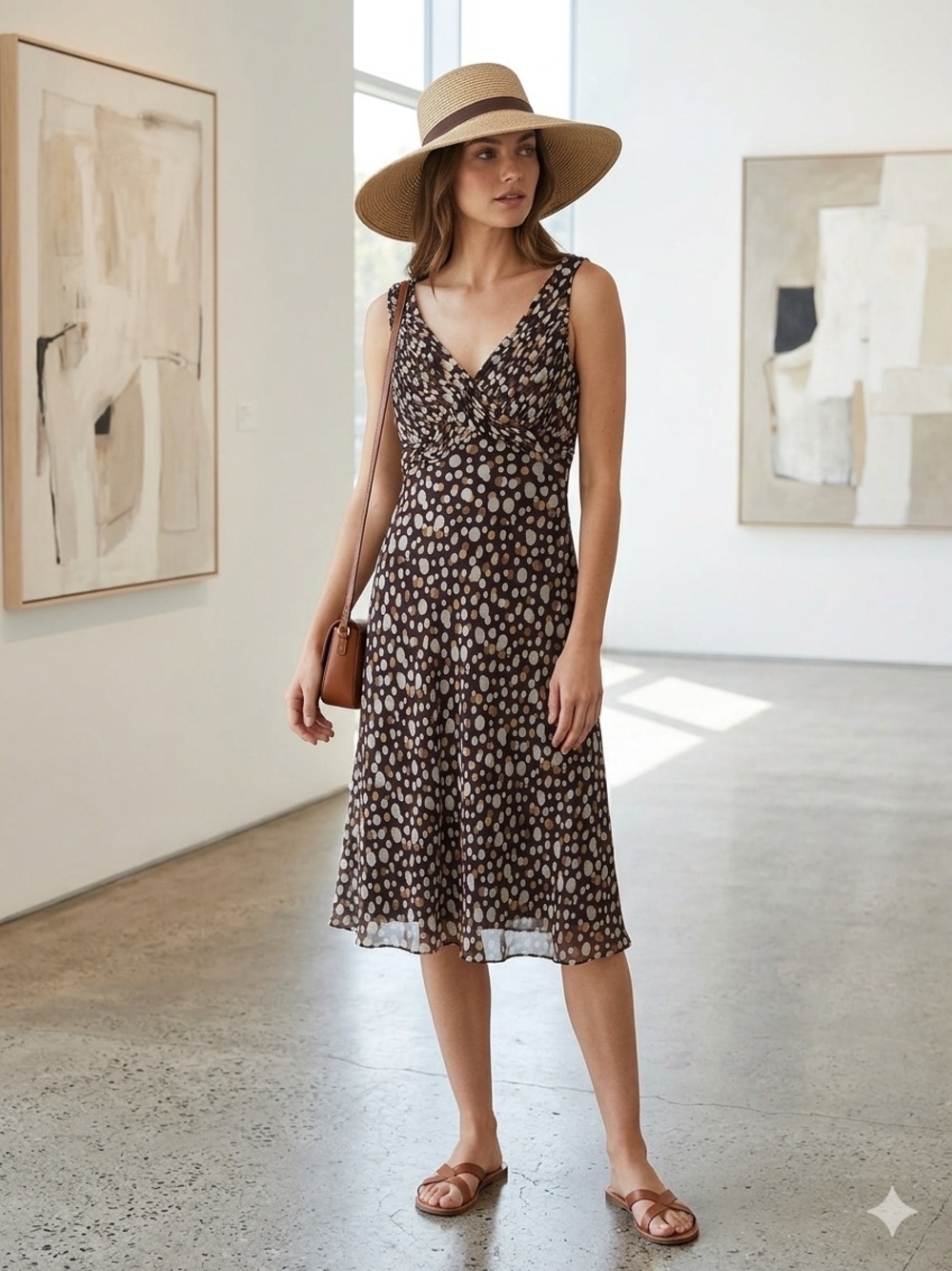ADRIANNA PAPELL Sleeveless V-Neck Polka Dot Midi Dress in Brown and White.